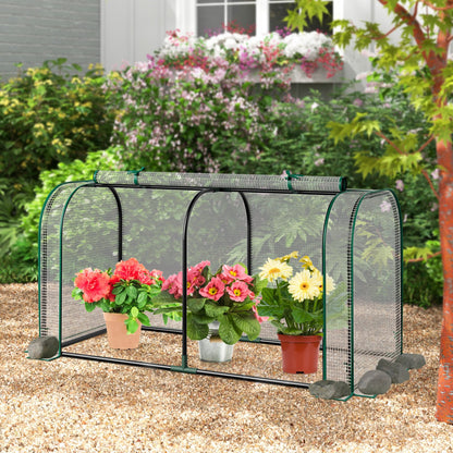 Mini Tunnel Greenhouse with Roll-up Zipper Door-Green