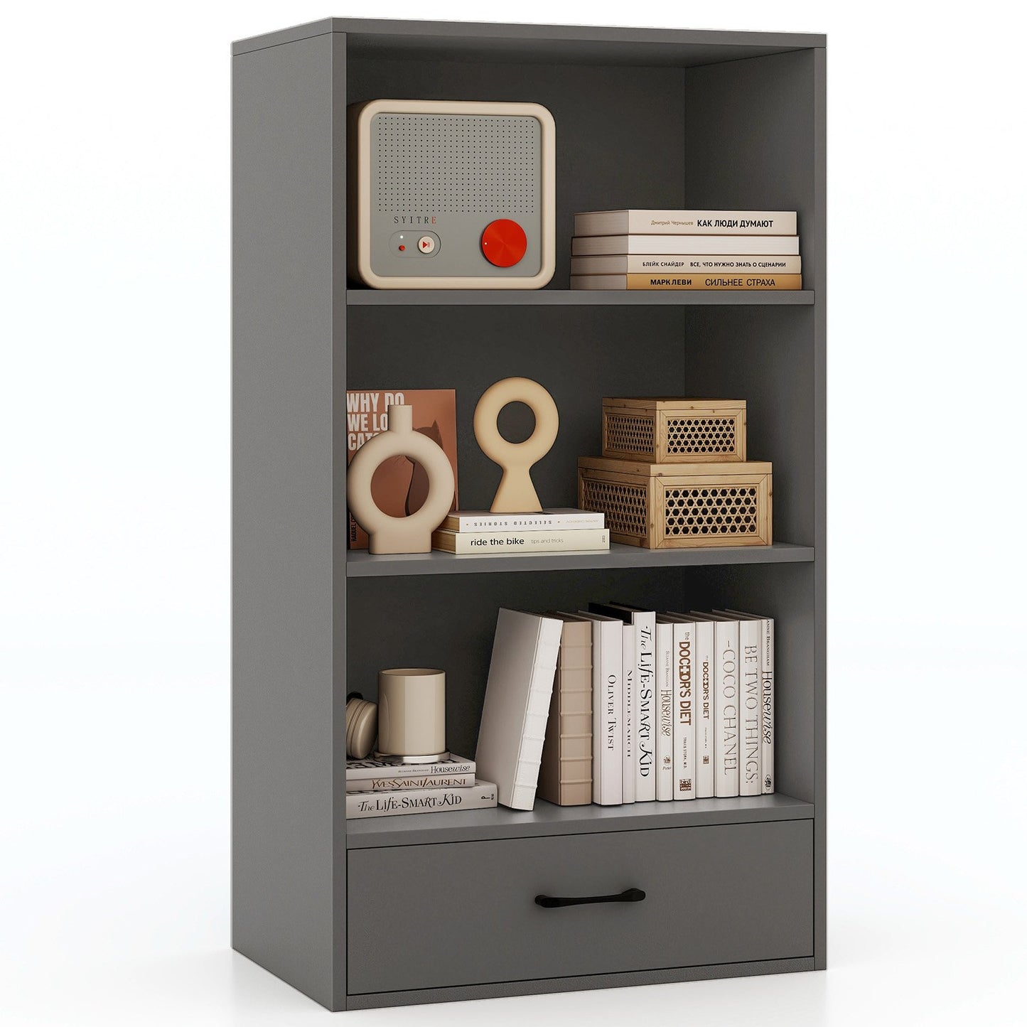 48 Inch Tall 4 Tiers Wood Bookcase with Drawer-Black
