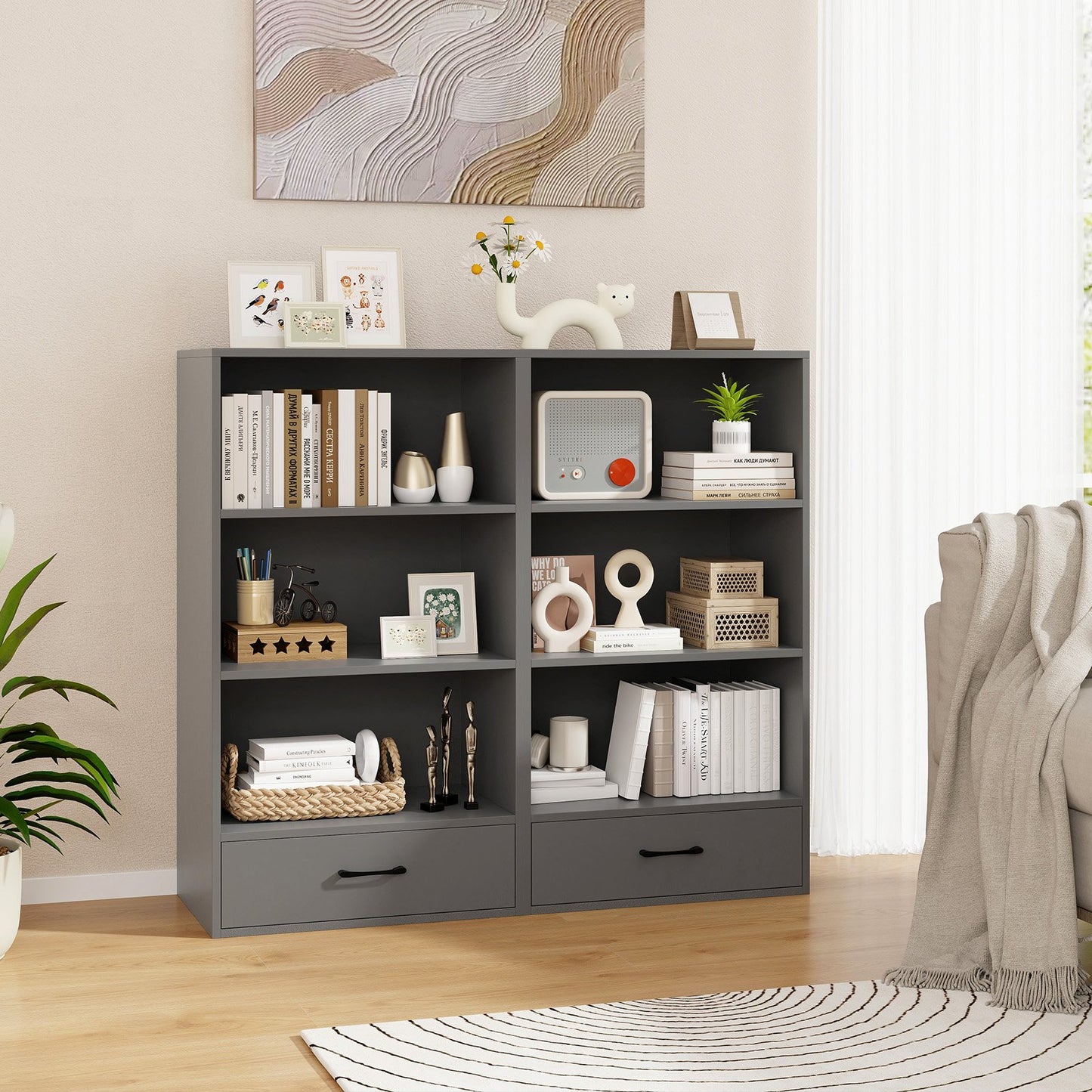 48 Inch Tall 4 Tiers Wood Bookcase with Drawer-Black