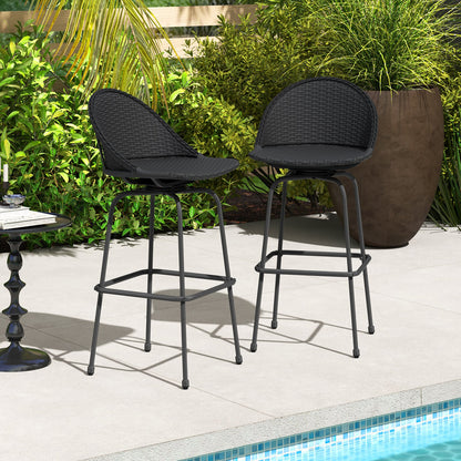Set of 2 black rattan outdoor swivel barstools with curved backs, perfect for patio bar furniture.