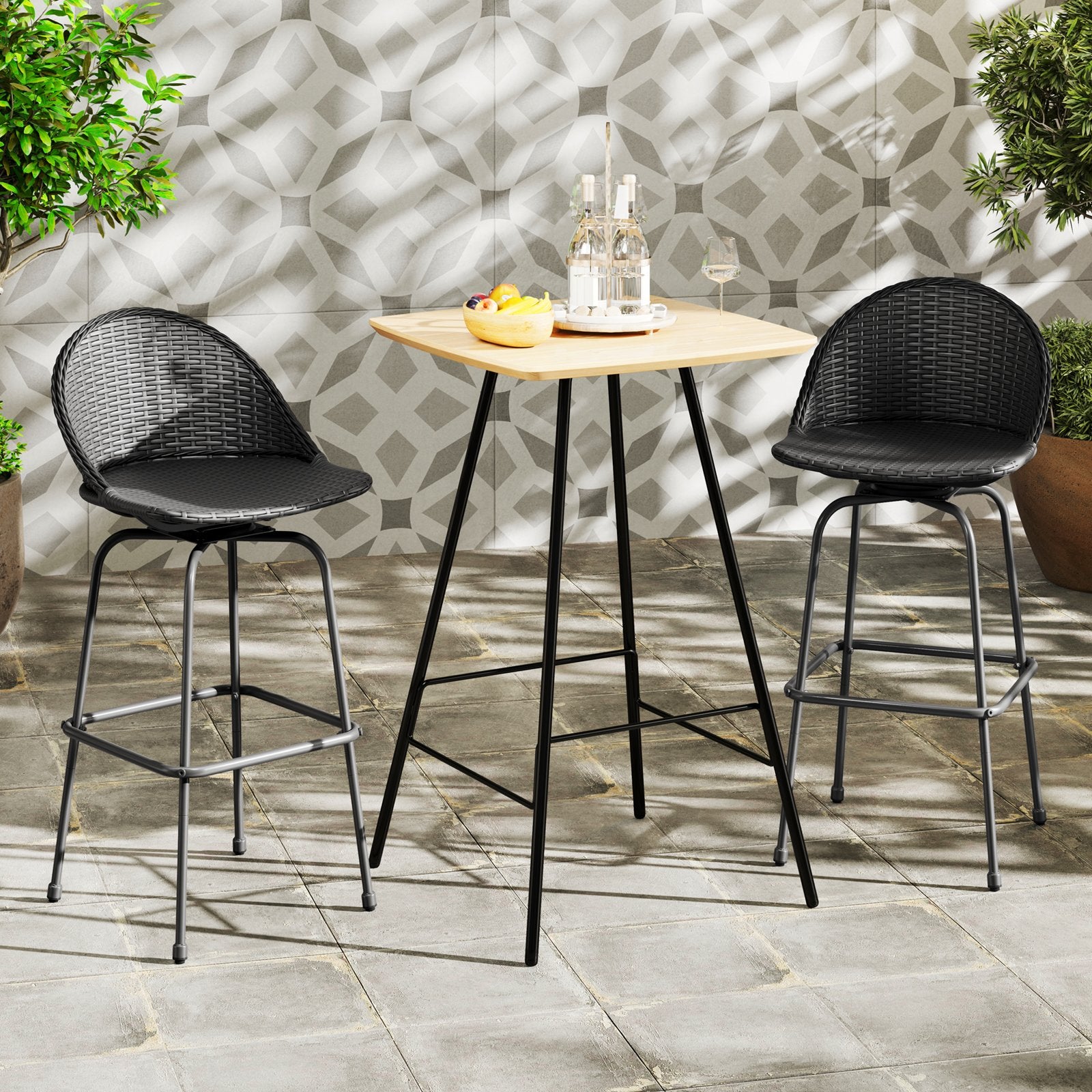 Set of 2 black rattan swivel barstools with curved backs, outdoor patio bar furniture, by Wilsons Home Store
