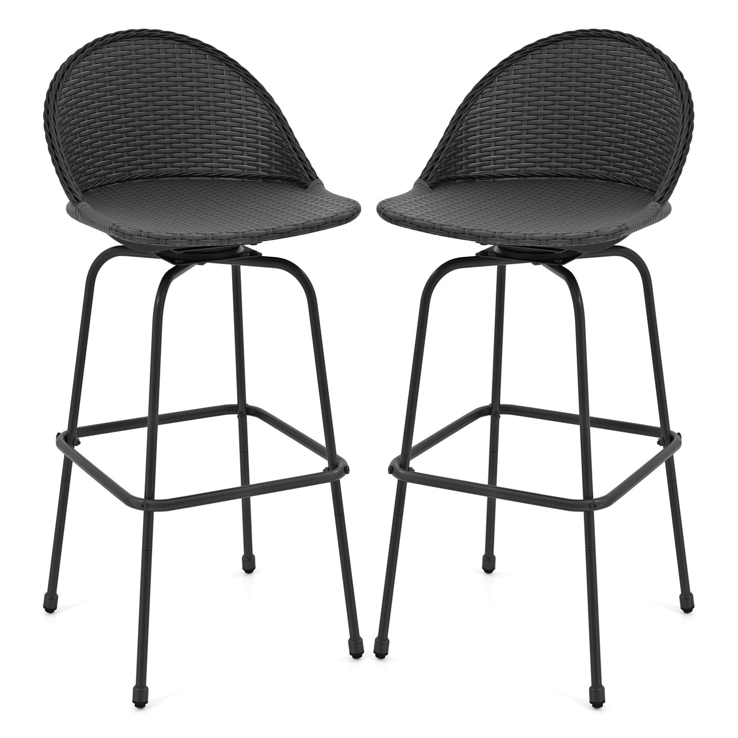 Set of 2 black rattan outdoor swivel barstools with curved backs, suitable for patio bar furniture.