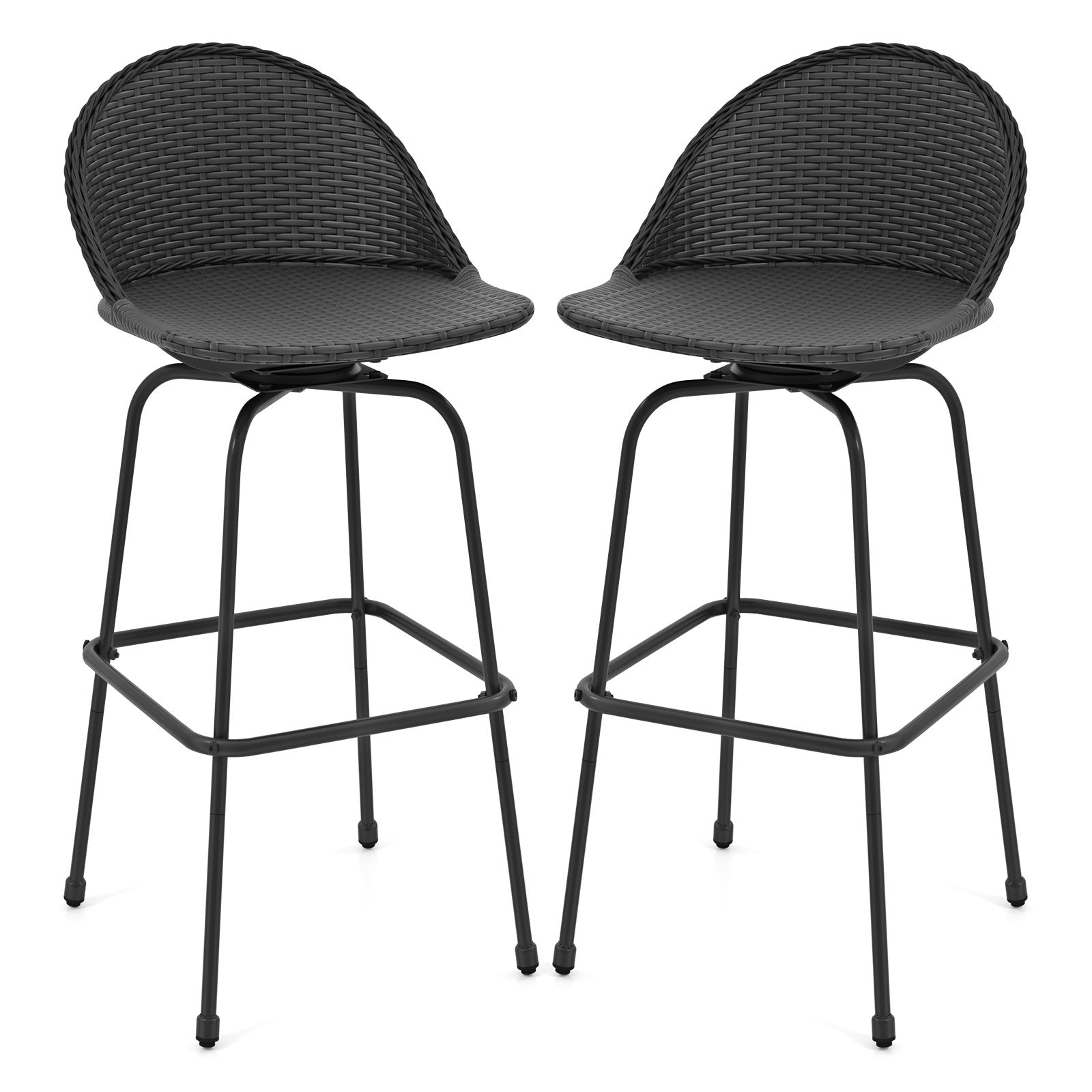 Set of 2 black rattan outdoor swivel barstools with curved backs, suitable for patio bar furniture.