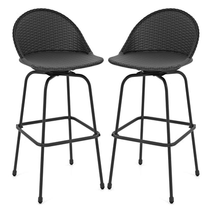 Set of 2 black rattan outdoor swivel barstools with curved backs, suitable for patio bar furniture.