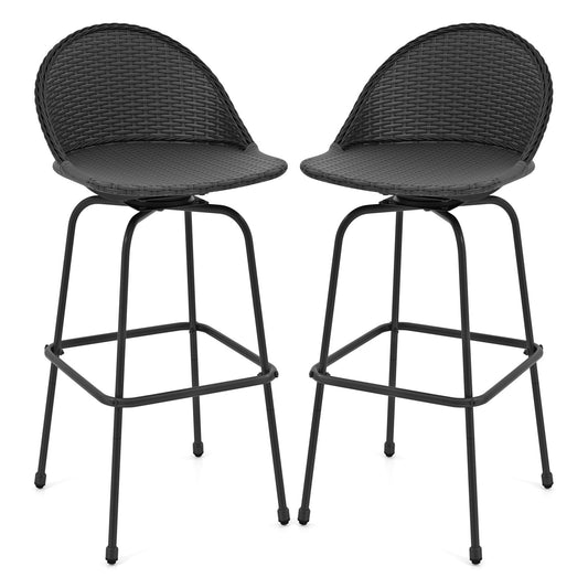 Set of 2 black rattan outdoor swivel barstools with curved backs, suitable for patio bar furniture.