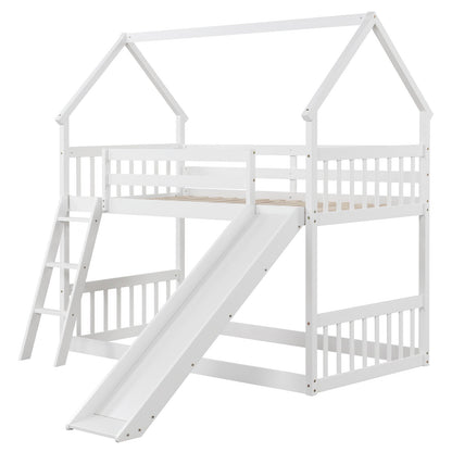 Twin Over Twin House Bunk Bed with Slide and Ladder-White