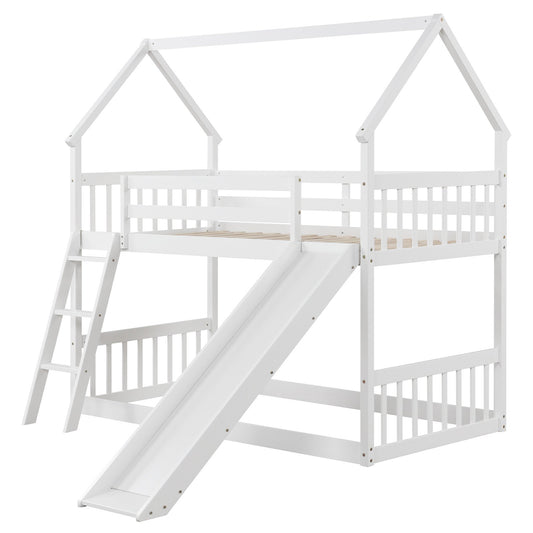 Twin Over Twin House Bunk Bed with Slide and Ladder-White