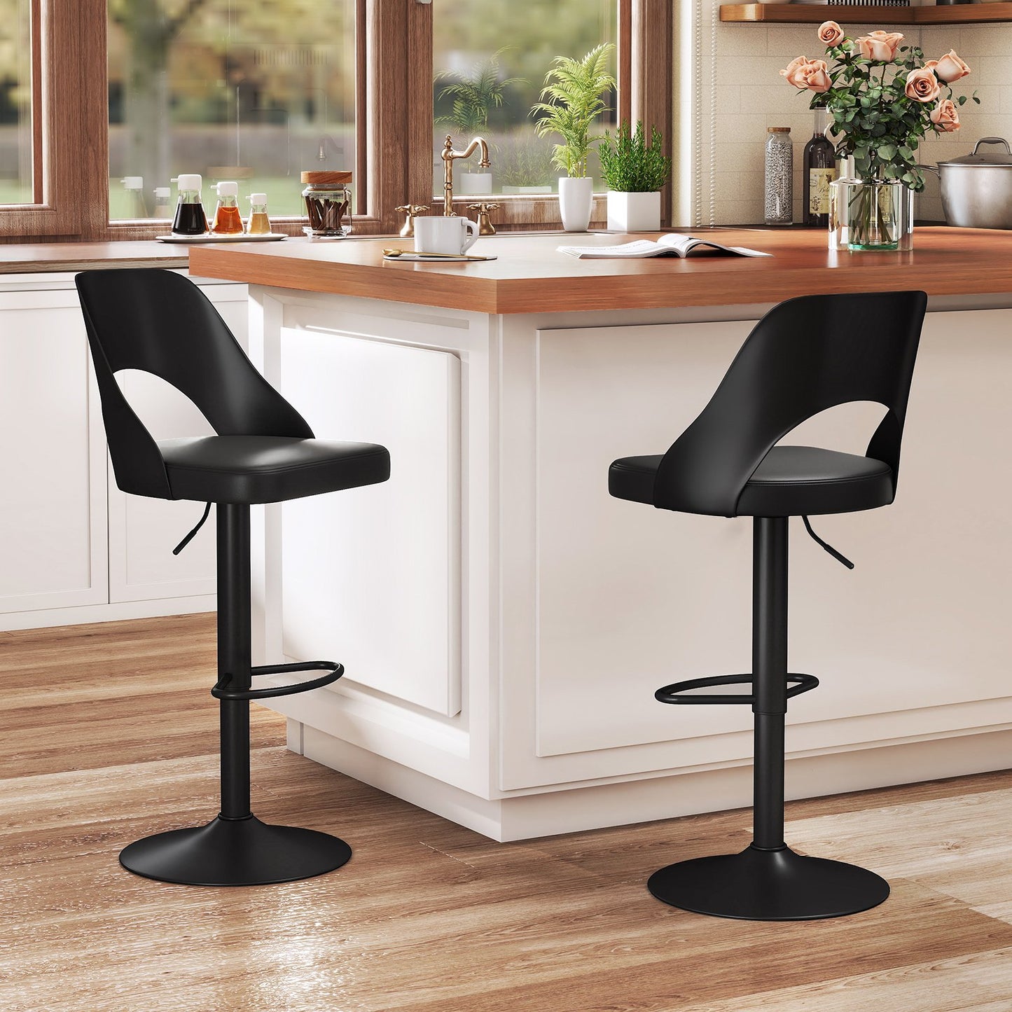 Bar Stools Set of 2 with Enlarged PU Leather Seat and Footrest-Black