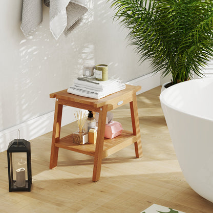 20 Inches Teak Wood Shower Bench with Storage Shelf and Adjustable Foot Pads
