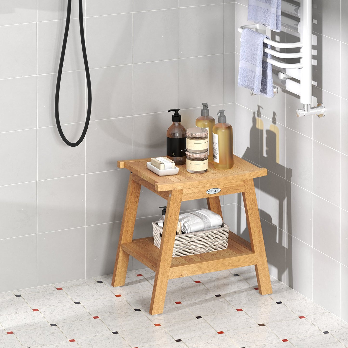 20 Inches Teak Wood Shower Bench with Storage Shelf and Adjustable Foot Pads