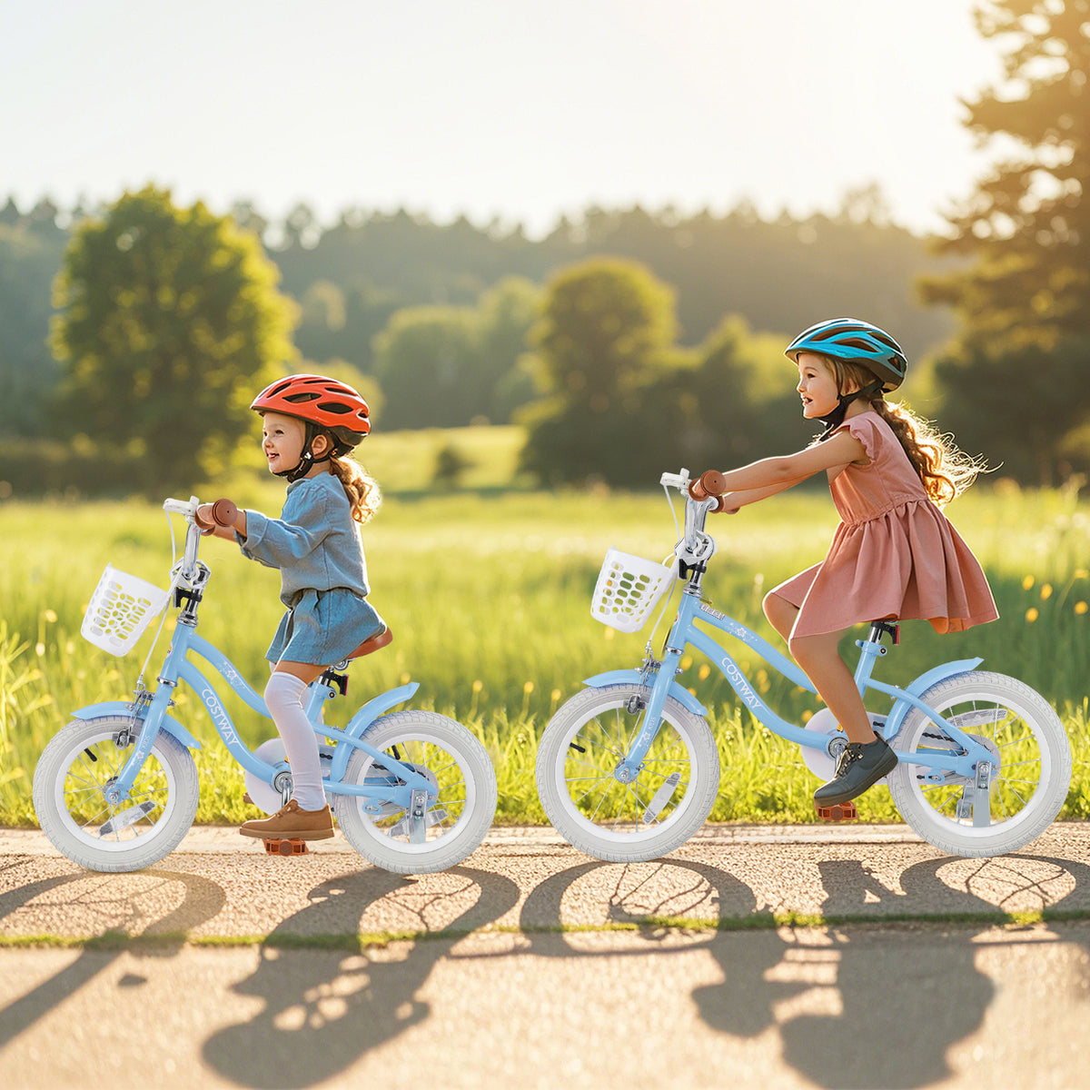 Blue 12-inch kids bike with adjustable handlebar and seat, suitable for children aged 3 to 4 years old.