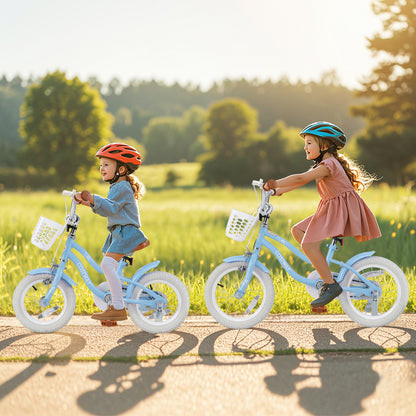 Blue 12-inch kids bike with adjustable handlebar and seat, suitable for children aged 3 to 4 years old.