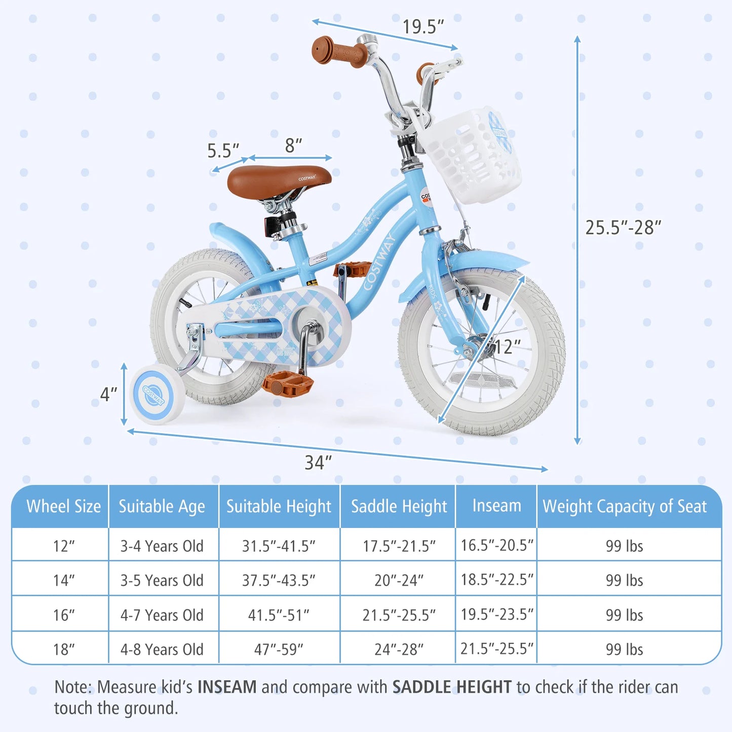 Baby blue 12-inch kids bike with adjustable handlebar and seat, suitable for 3-4 year olds, from Wilsons Home Store.