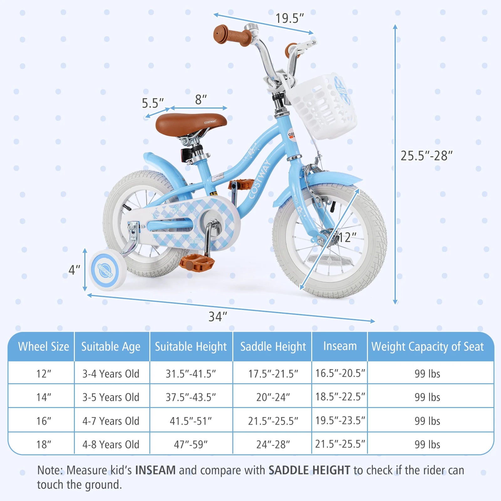 Baby blue 12-inch kids bike with adjustable handlebar and seat, suitable for 3-4 year olds, from Wilsons Home Store.
