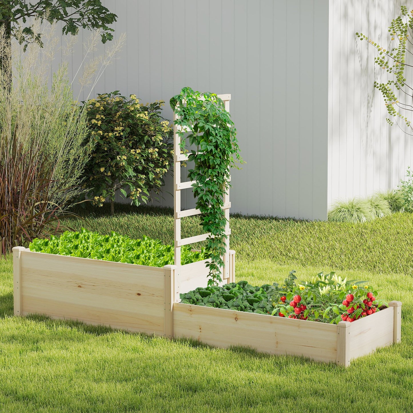 Raised Garden Bed with Trellis 87 Inch Wooden Elevated Planter with 2 Planter Boxes-Natural