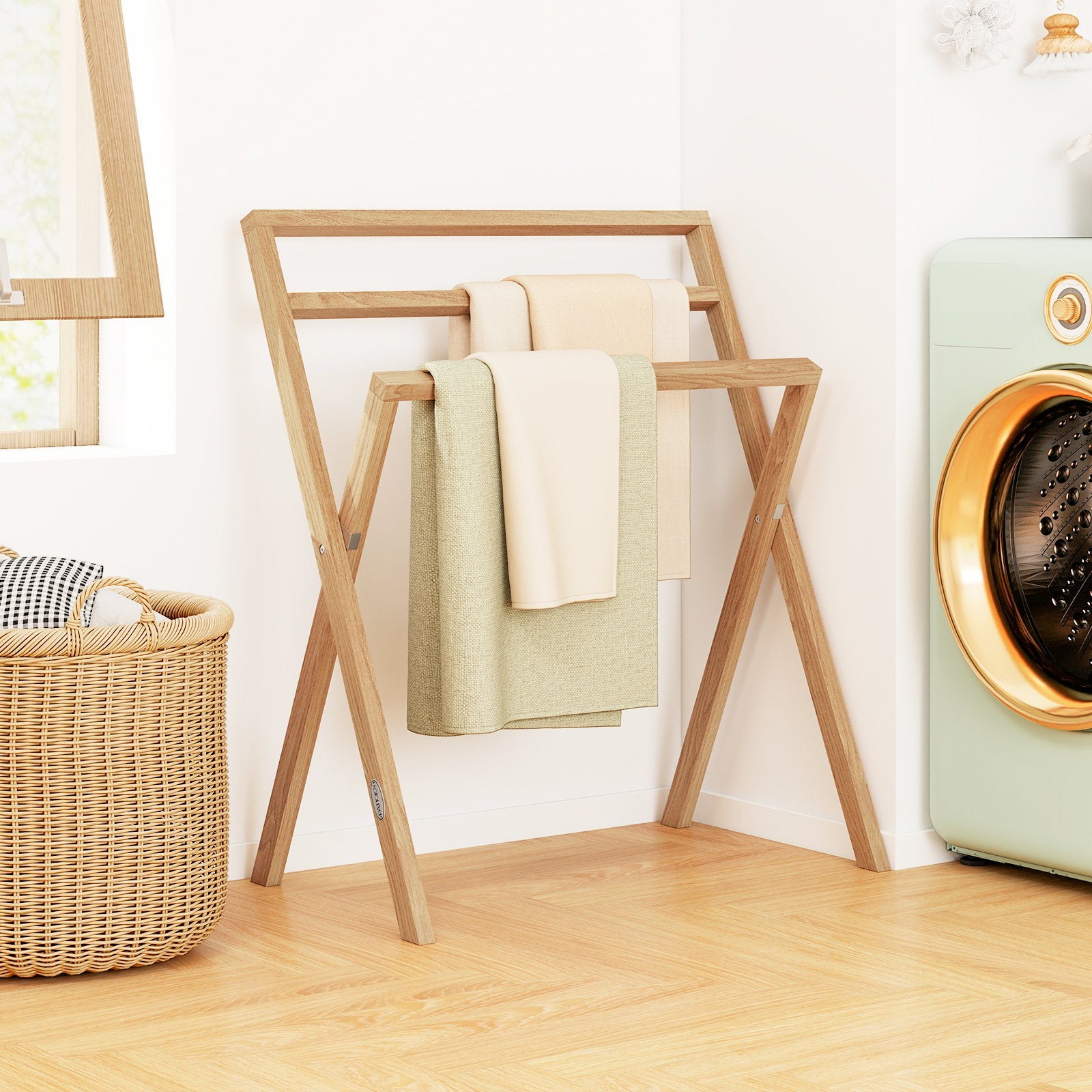 Freestanding foldable teak wood towel rack with three crossbars for bathroom use, sturdy and stylish storage solution.