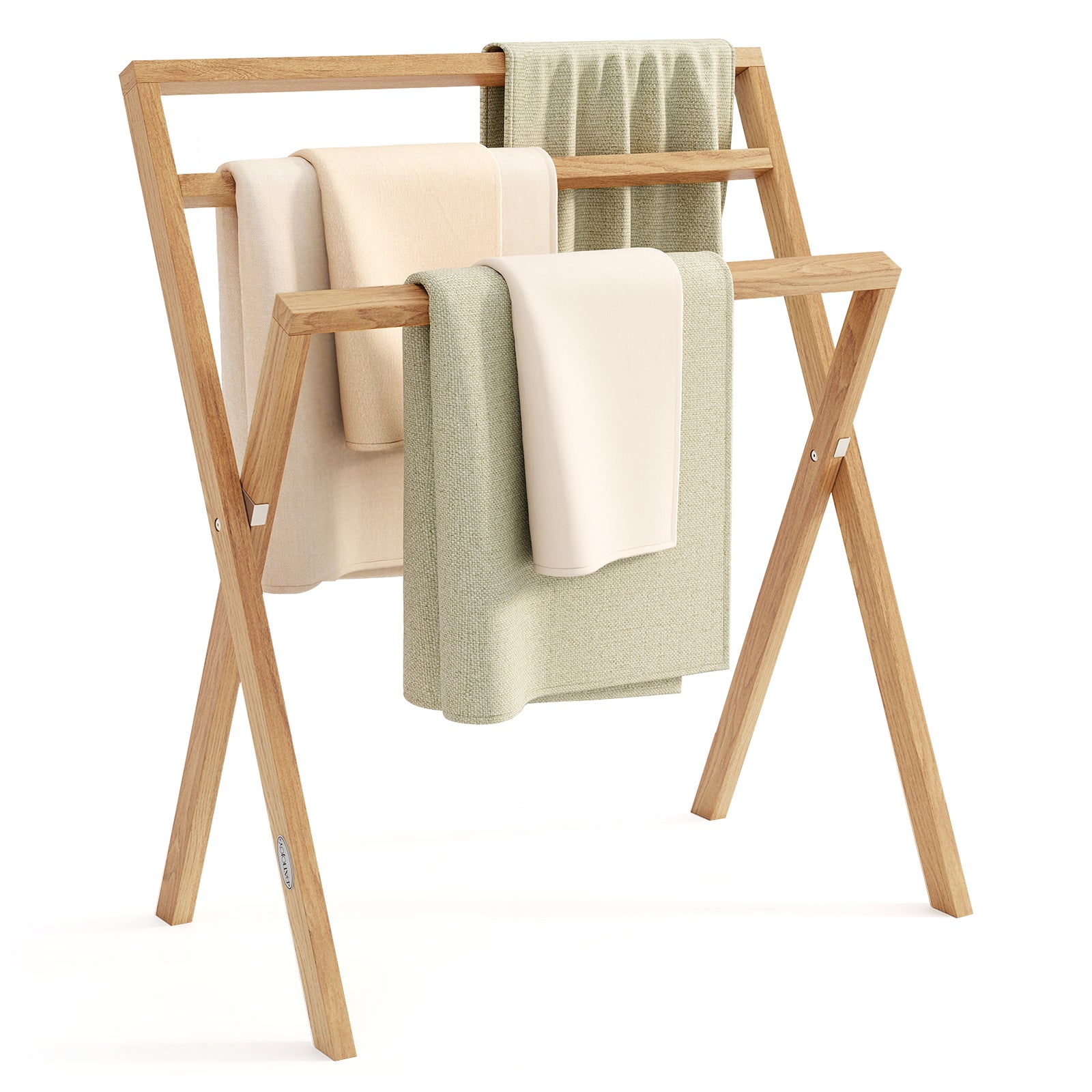 Freestanding foldable teak wood towel rack with three crossbars for bathroom organization and towel hanging.