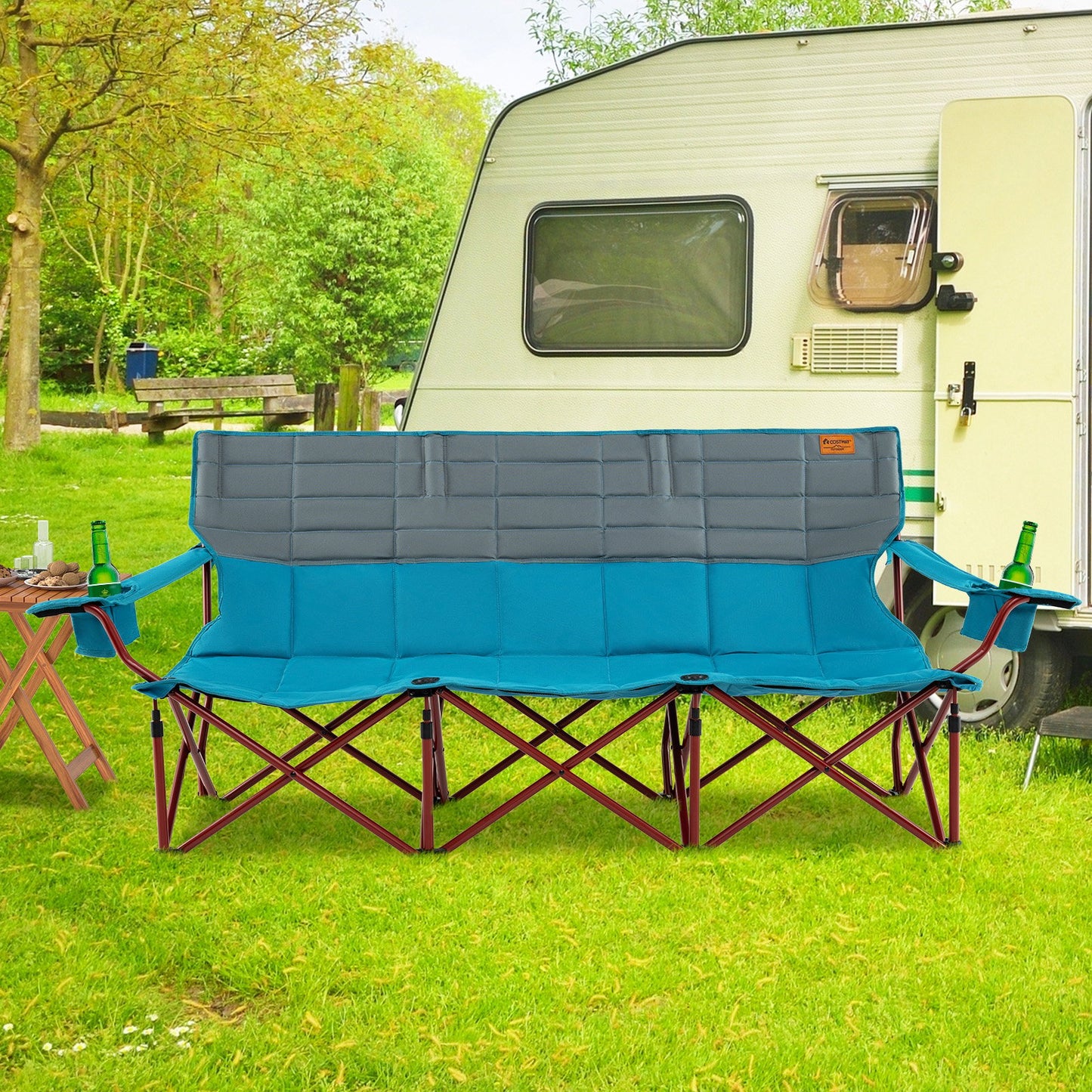 3 Person Folding Camping Chair with 2 Cup Holders Cotton Padding & Storage Bag-Blue