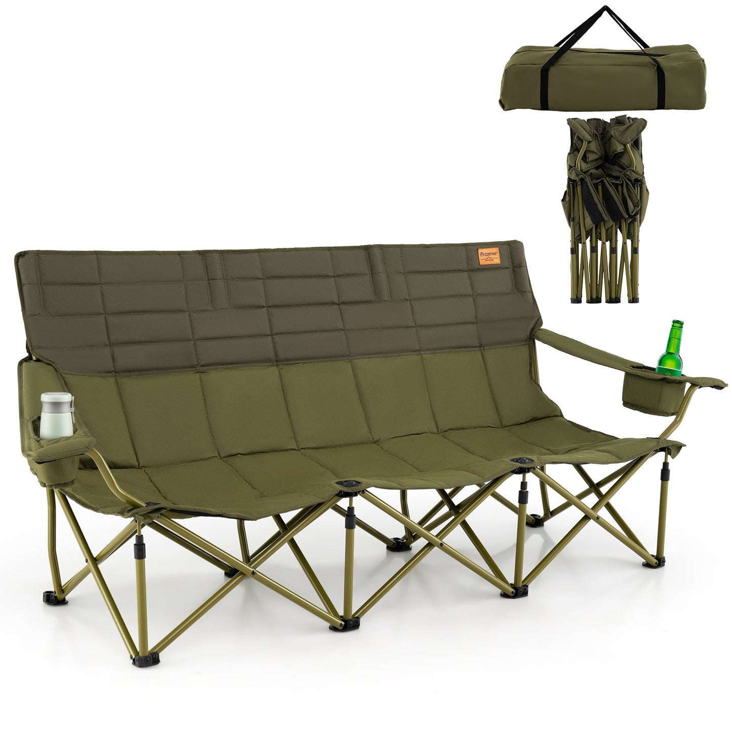 3 Person Folding Camping Chair with 2 Cup Holders Cotton Padding & Storage Bag-Blue