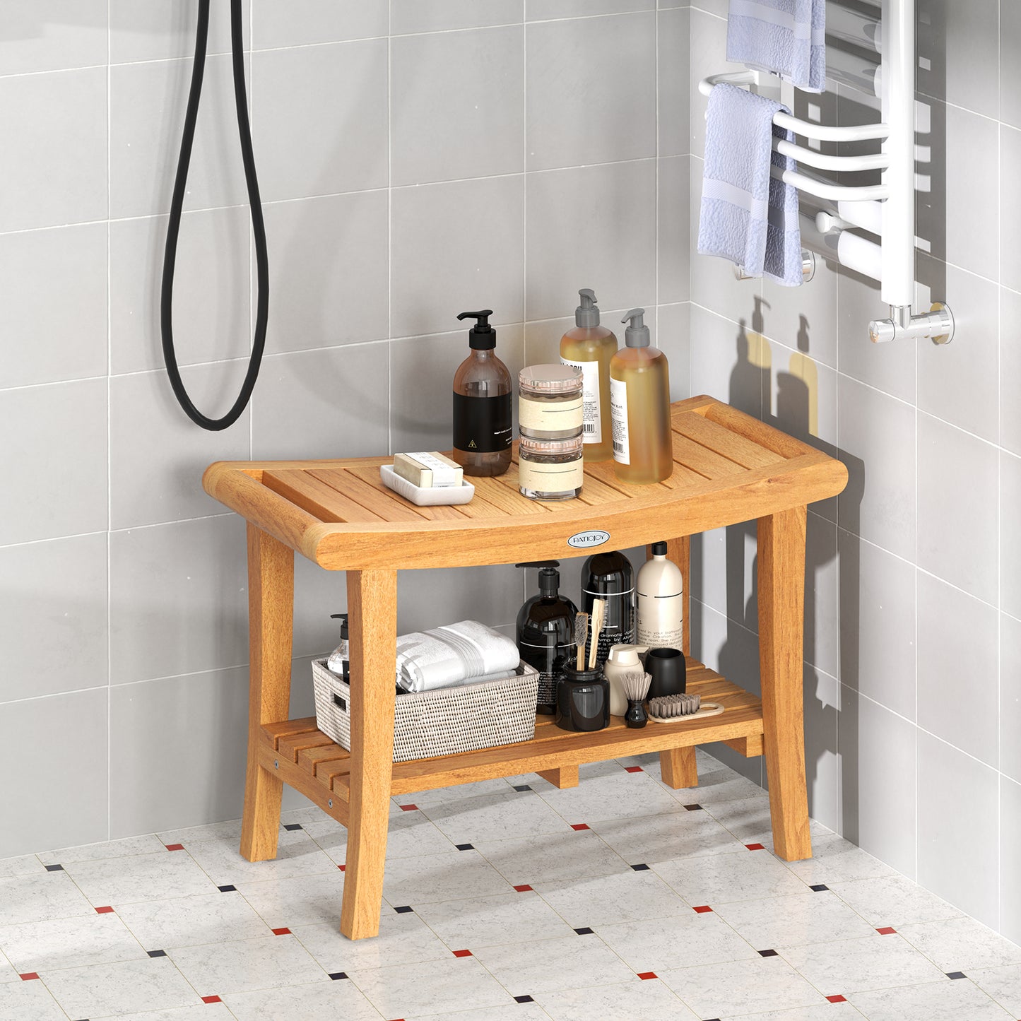 30 Inches Large Teak Shower Stool with Storage Shelf and Non-slip Footpads
