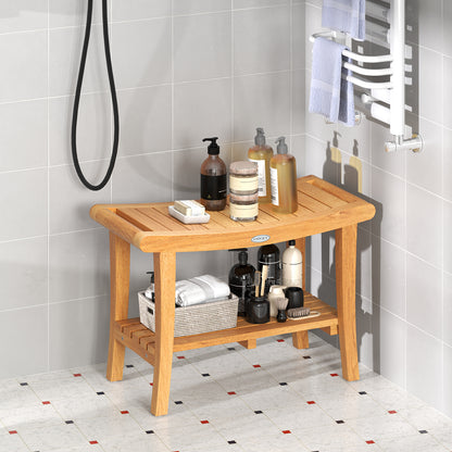 30 Inches Large Teak Shower Stool with Storage Shelf and Non-slip Footpads