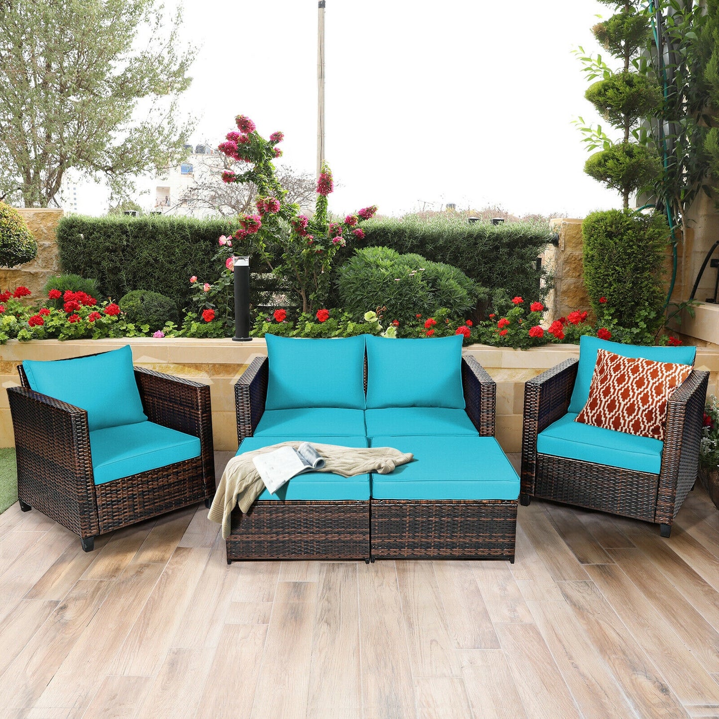 5 Pieces Patio Cushioned Rattan Furniture Set-Black