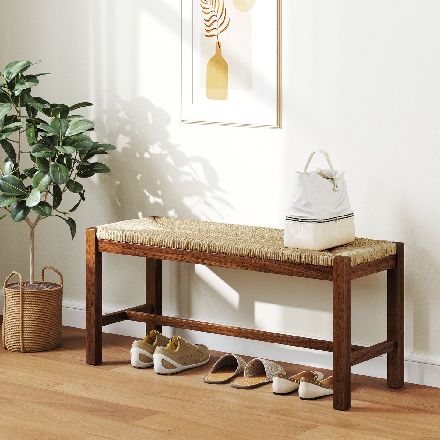 40 Inch Long Wood Bench with Solid Rubber Wood Frame-Walnut