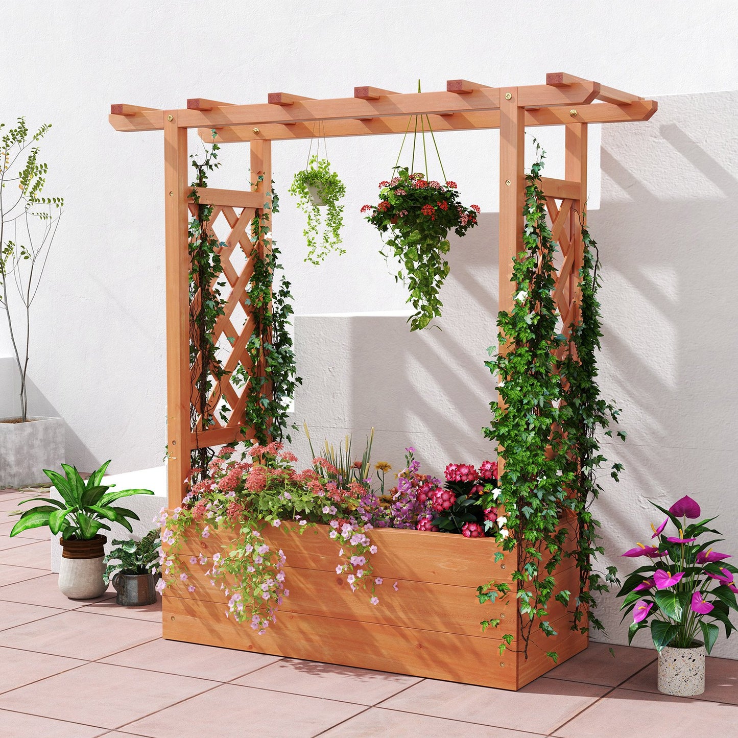 Wooden Raised Garden Bed Elevated Planter Box with Trellis and Hanging Roof-Orange