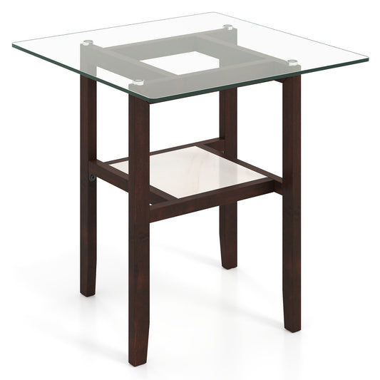 24 Inch 2-Tier Square Glass Coffee Table Center Table with Storage Shelf-Brown