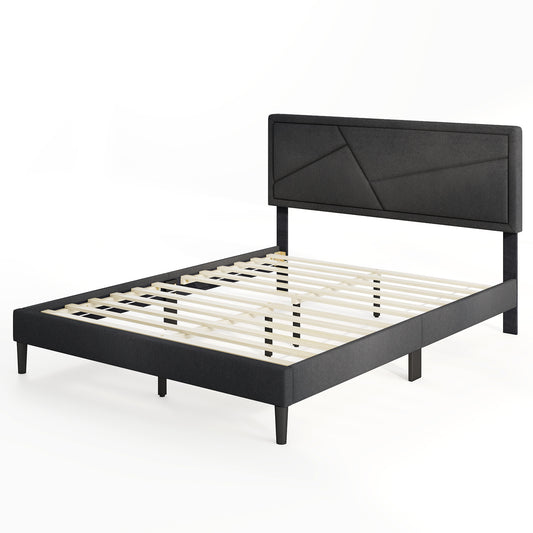 Queen size upholstered platform bed frame with high headboard, featuring clean lines and soft fabric upholstery.
