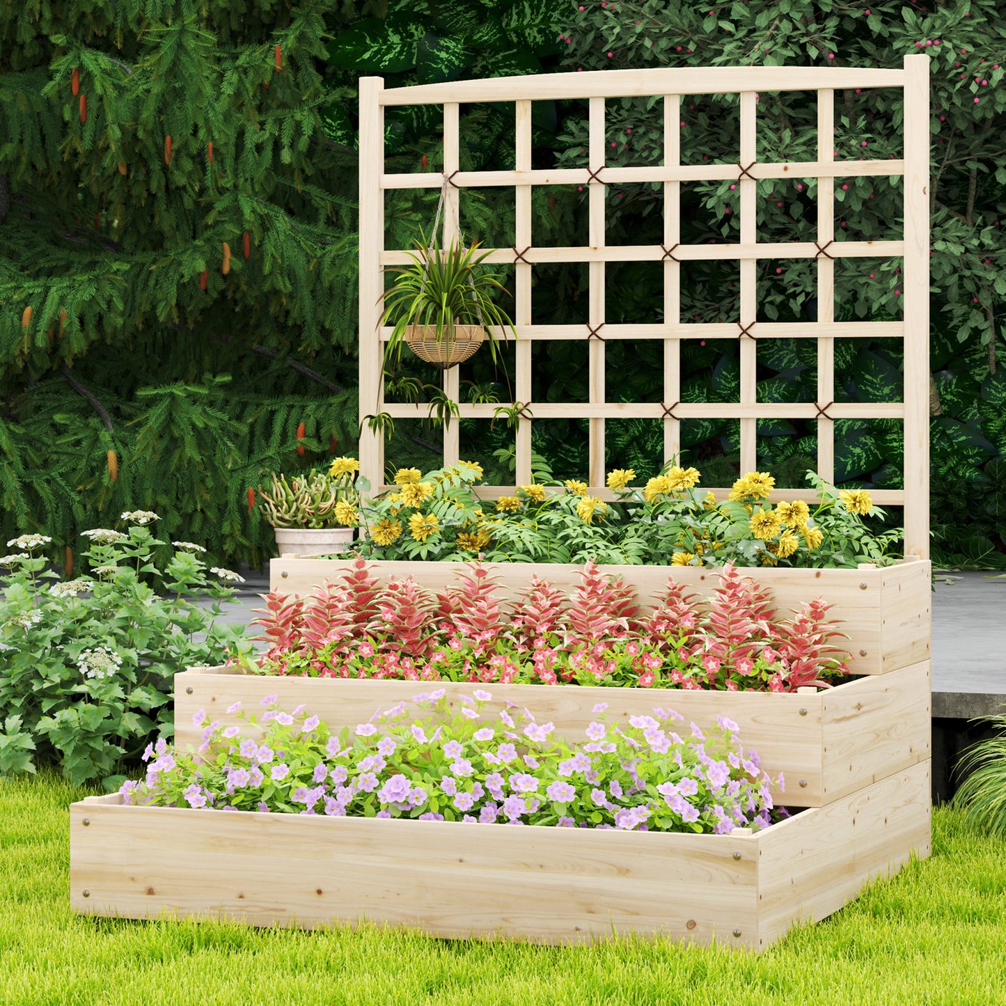 3-Tier Raised Garden Bed with Lattice Trellis and Open-Ended Base-Natural