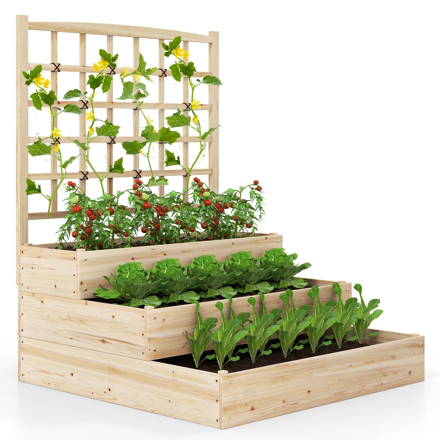3-Tier Raised Garden Bed with Lattice Trellis and Open-Ended Base-Natural