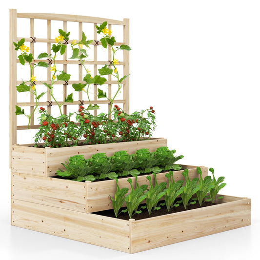 3-Tier Raised Garden Bed with Lattice Trellis and Open-Ended Base-Natural