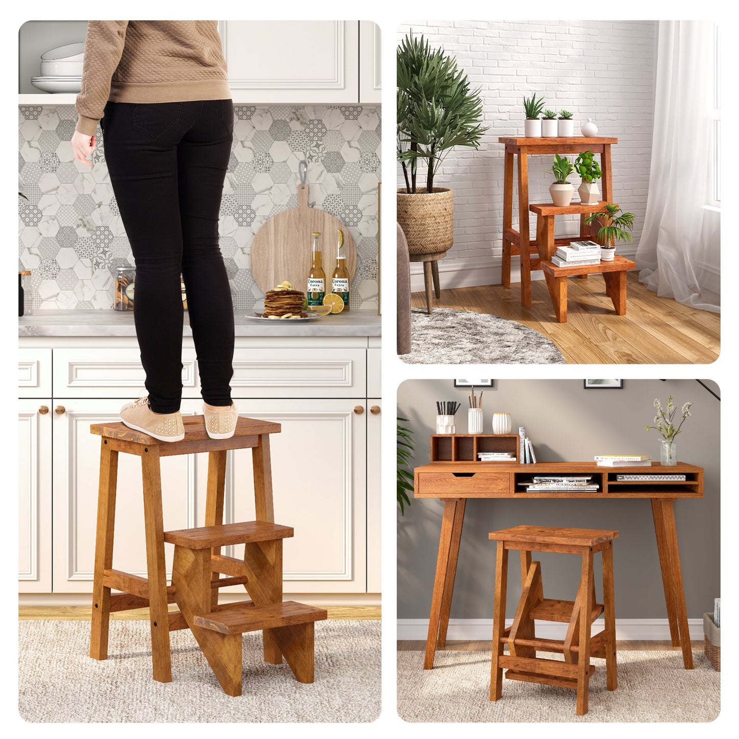 3-in-1 Rubber Wood Step Stool with Convenient Handle-Brown