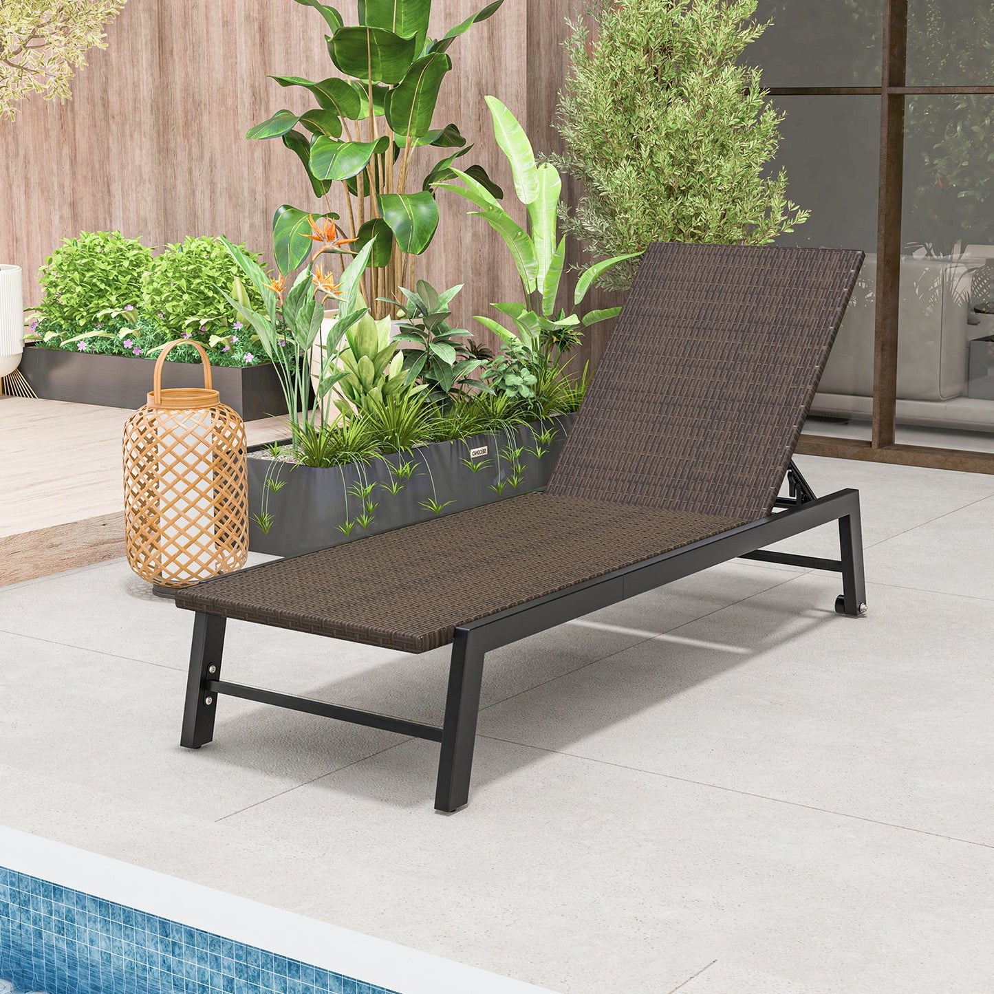 Patio PE Rattan Chaise Lounge with 5-Level Backrest and Wheels-Brown