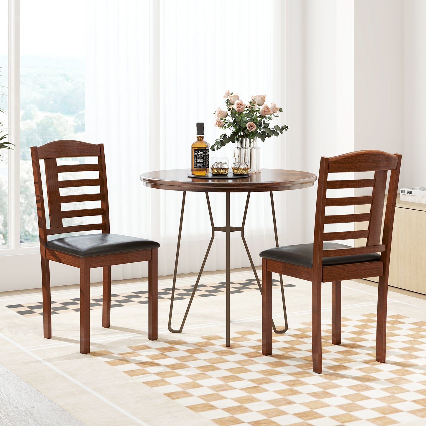 Set of 2 Wood Kitchen Chairs with Faux Leather Upholstered Seat-Beige