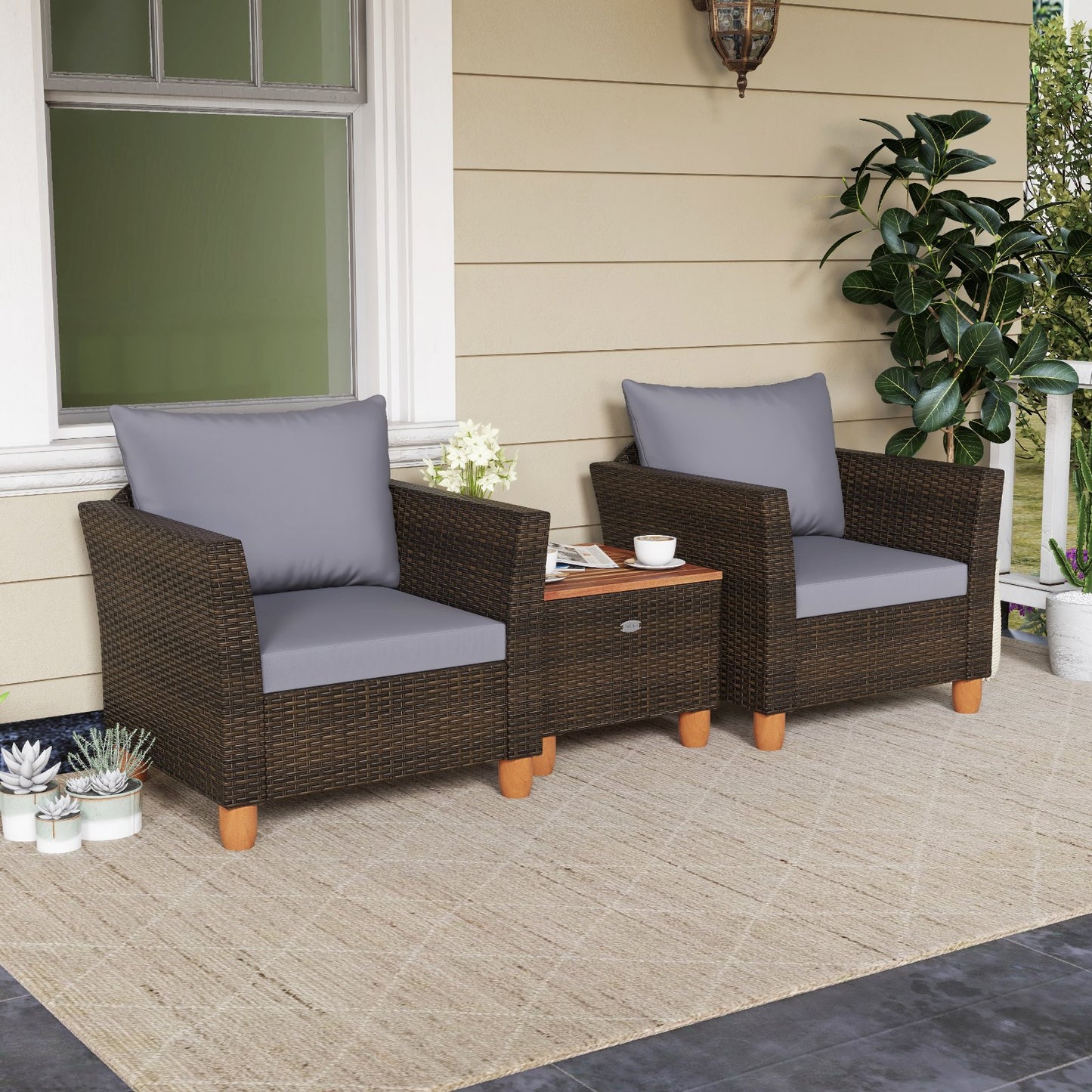 3 Pieces Patio Rattan Bistro Furniture Set-Black
