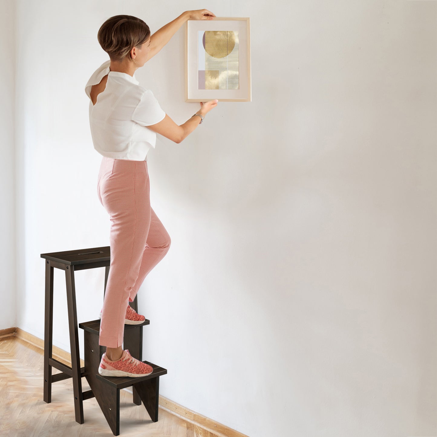 3-in-1 Rubber Wood 3 Tier Folding Step Stool Ladder Storage Shelf-Dark Brown