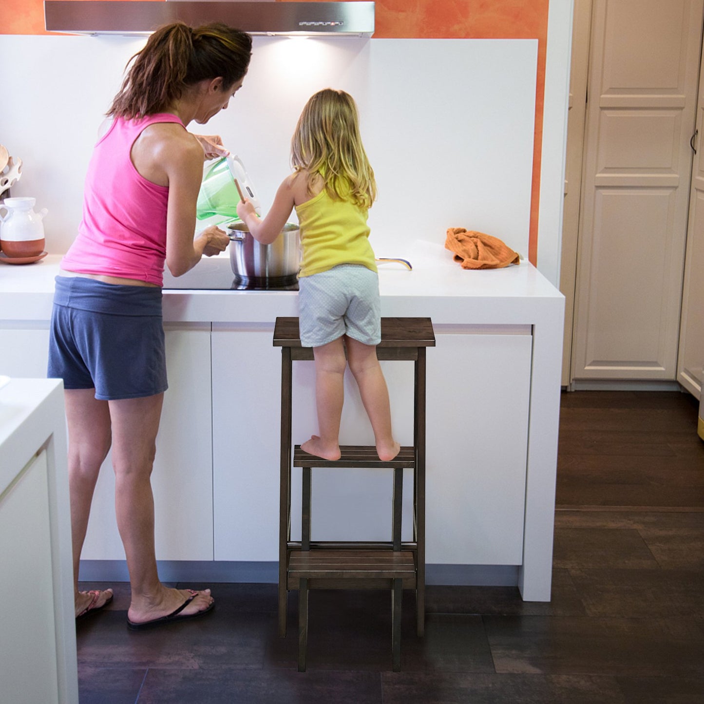 3-in-1 Rubber Wood 3 Tier Folding Step Stool Ladder Storage Shelf-Dark Brown