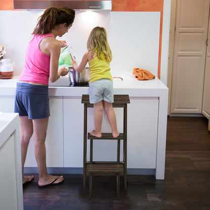 3-in-1 Rubber Wood 3 Tier Folding Step Stool Ladder Storage Shelf-Dark Brown