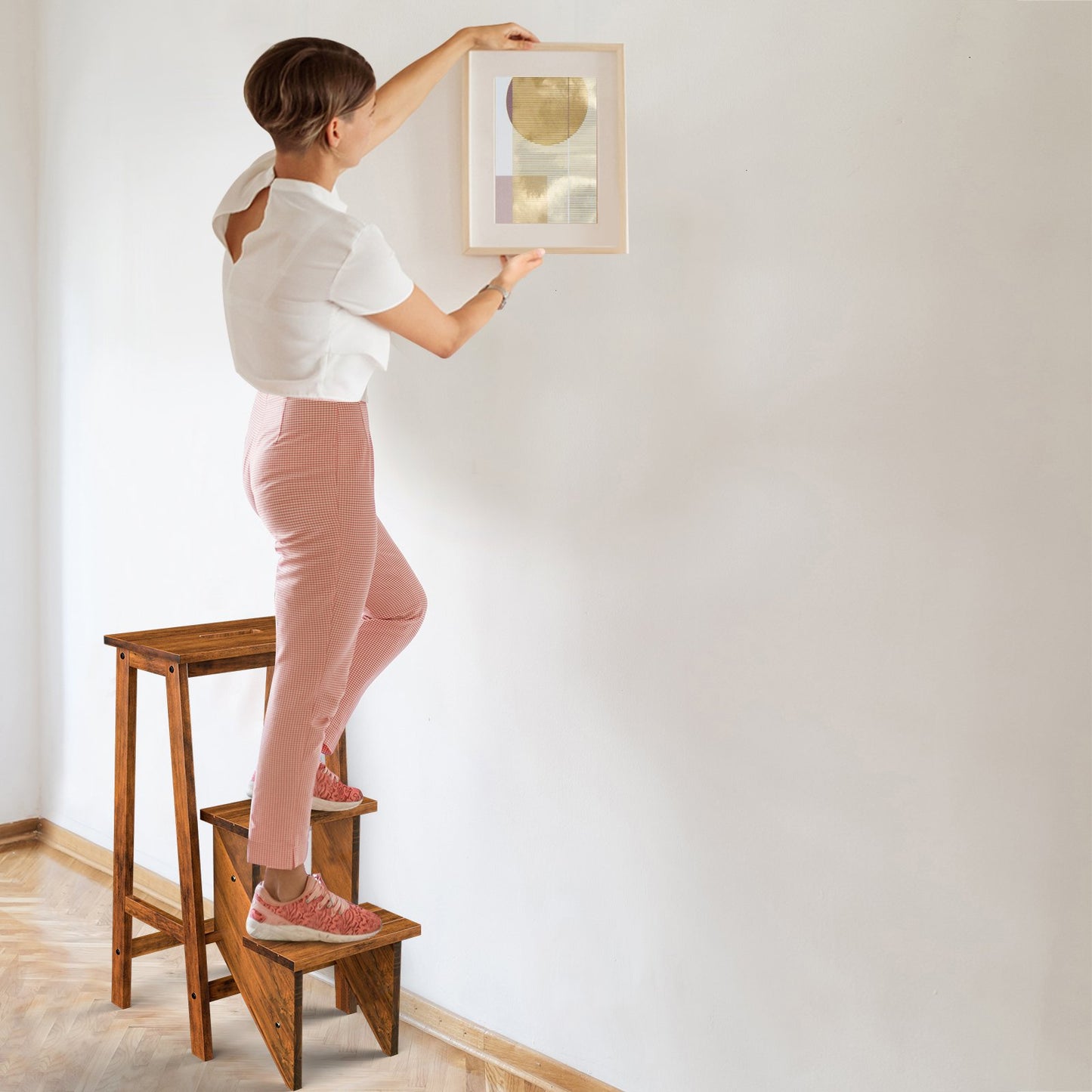 3-in-1 Rubber Wood 3 Tier Folding Step Stool Ladder Storage Shelf-Dark Brown