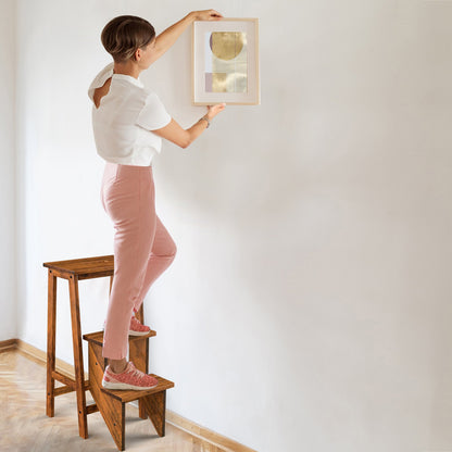 3-in-1 Rubber Wood 3 Tier Folding Step Stool Ladder Storage Shelf-Dark Brown