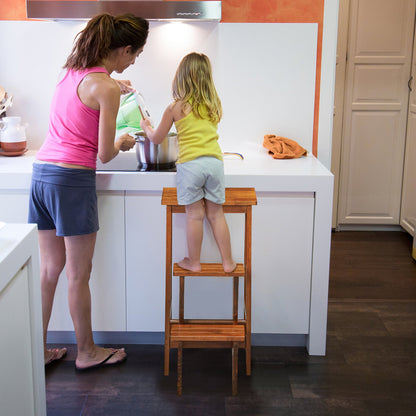 3-in-1 Rubber Wood 3 Tier Folding Step Stool Ladder Storage Shelf-Dark Brown