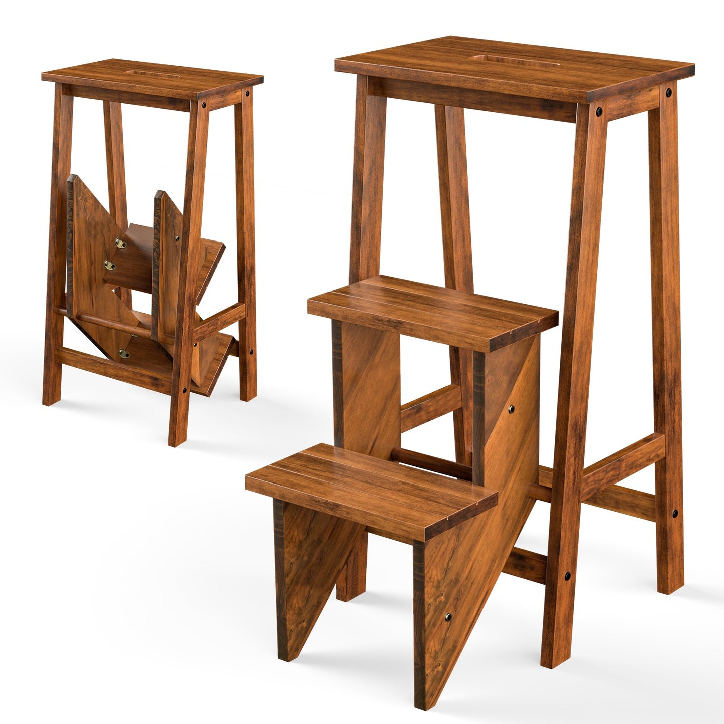 3-in-1 Rubber Wood 3 Tier Folding Step Stool Ladder Storage Shelf-Dark Brown