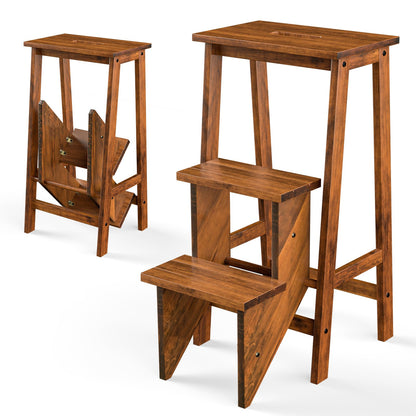 3-in-1 Rubber Wood 3 Tier Folding Step Stool Ladder Storage Shelf-Dark Brown