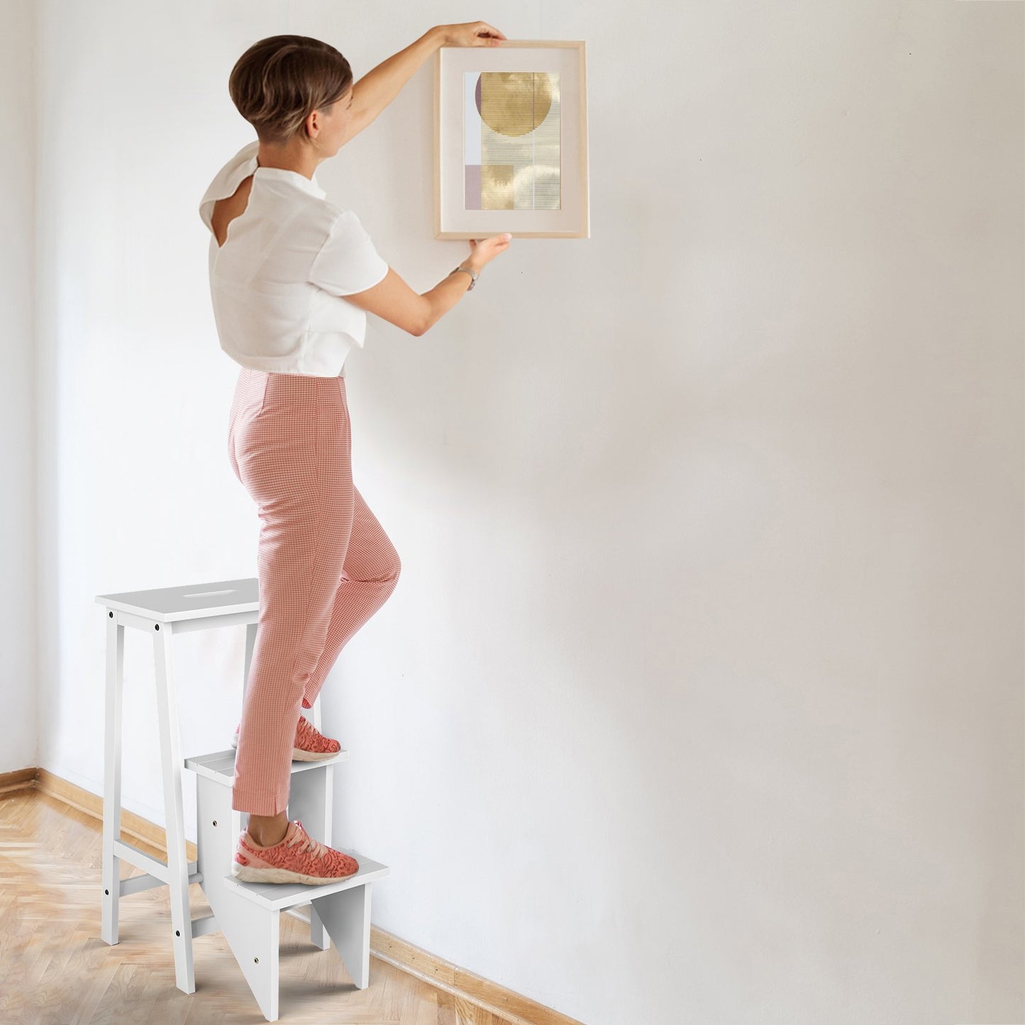 3-in-1 Rubber Wood 3 Tier Folding Step Stool Ladder Storage Shelf-Dark Brown