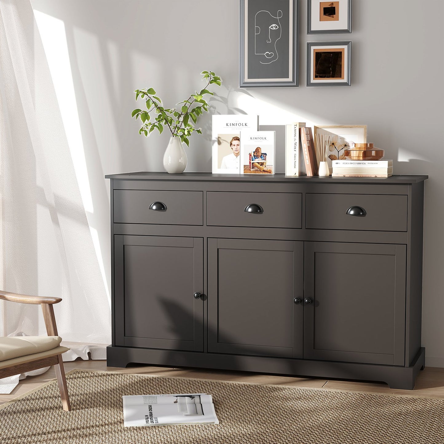 3 Drawers Sideboard Buffet Storage with Adjustable Shelves-Brown