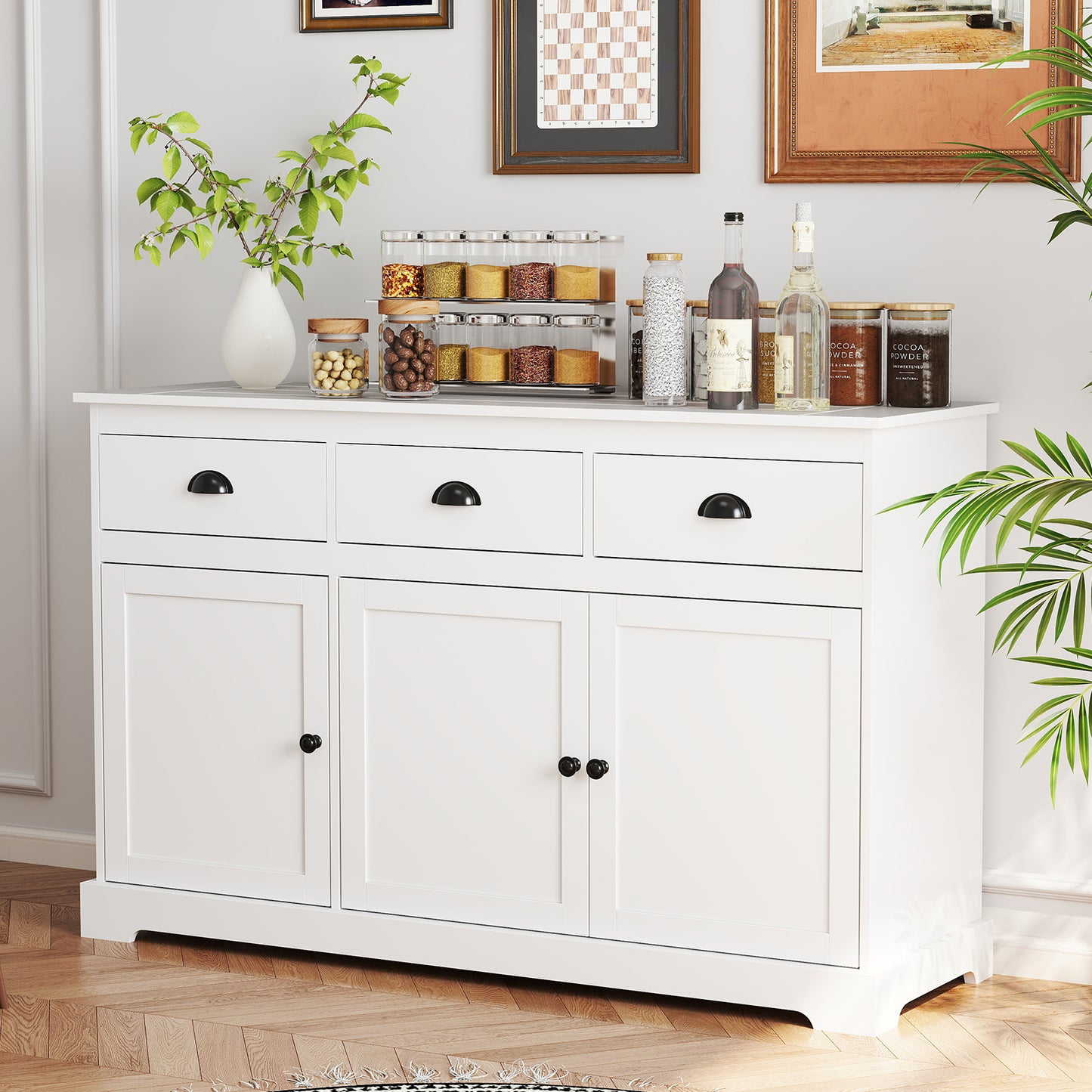 3 Drawers Sideboard Buffet Storage with Adjustable Shelves-Brown