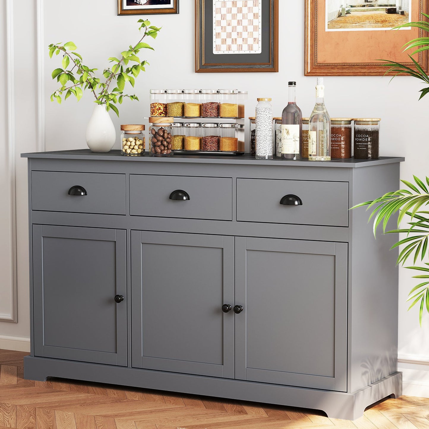 3 Drawers Sideboard Buffet Storage with Adjustable Shelves-Brown