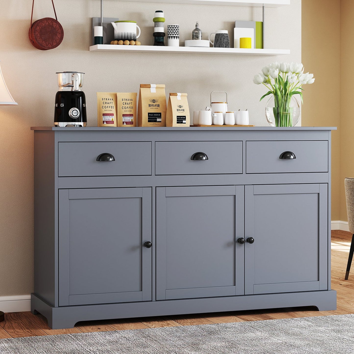 3 Drawers Sideboard Buffet Storage with Adjustable Shelves-Brown